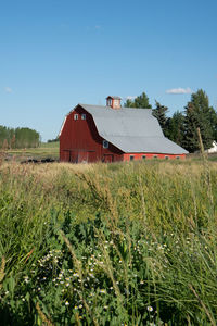 House on field against clear blue sky