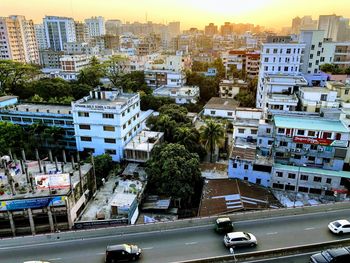 High angle view of street amidst buildings in city