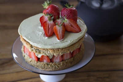 High angle view of cake in plate on table