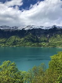 Scenic view of lake and mountains against sky