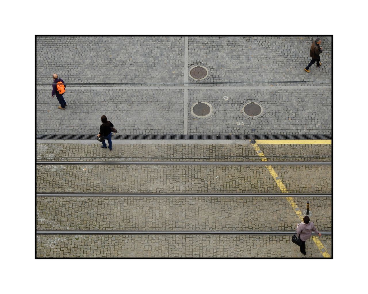 transfer print, men, auto post production filter, full length, lifestyles, walking, leisure activity, person, rear view, standing, day, transportation, togetherness, high angle view, steps, railing