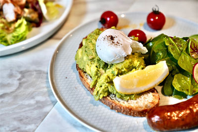 High angle view of breakfast served in plate