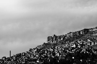 View of buildings in town against cloudy sky