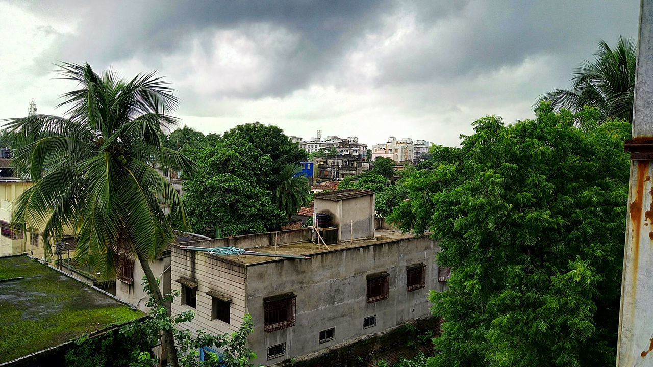 VIEW OF HOUSE AND TREES AGAINST CLOUDY SKY