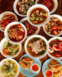 High angle view of food served on table