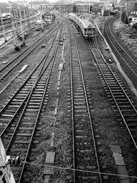 High angle view of railroad tracks in city