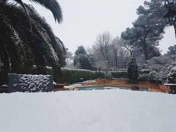 Snow covered landscape against clear sky