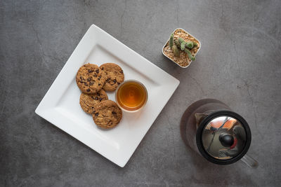 High angle view of serving food on table