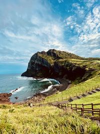 Scenic view of sea against sky in jeju islan