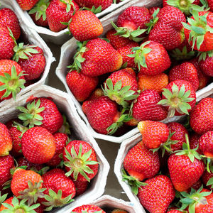 High angle view of strawberries in market