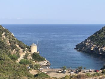 High angle view of sea against clear sky