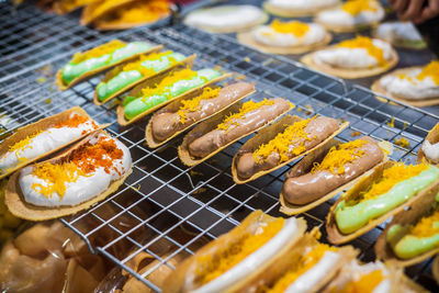 High angle view of meat on barbecue grill