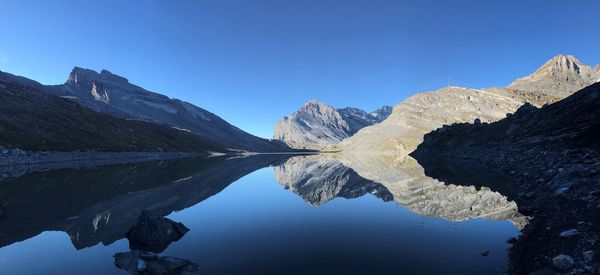 Scenic view of lake and mountains against clear blue sky