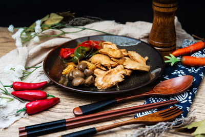 High angle view of food in plate on table