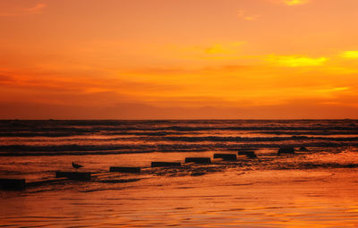 Scenic view of sea against orange sky