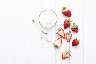 High angle view of fruits served on table