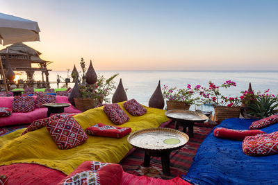 Vintage arabic oriental cafe. place to relax on beach ras umm el sid of red sea. sharm el sheikh,