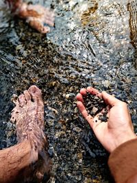 Close-up of person in river holding pebbles