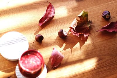 High angle view of pink flowers on table