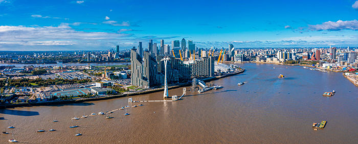 Aerial view of emirates air line cable cars in london, uk.