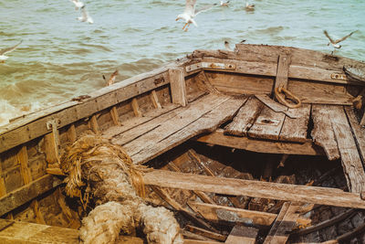 High angle view of abandoned boats on beach