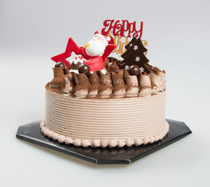 Close-up of chocolate cake against white background