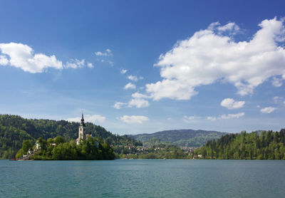 Scenic view of lake by building against sky