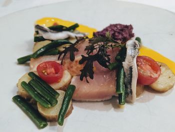 High angle view of food in plate on table