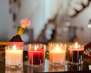 Close-up of illuminated candles on table