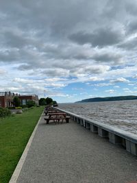 Scenic view of sea and buildings against sky