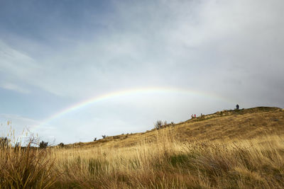 Scenic view of rainbow over field against sky