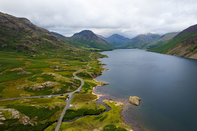 Aerial summer view in cloudy scafell pike, lake district, united kingdom