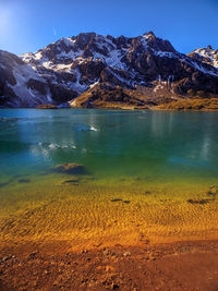 Scenic view of lake and snowcapped mountains against blue sky