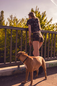 Rear view of young woman with dog standing by railing on footbridge