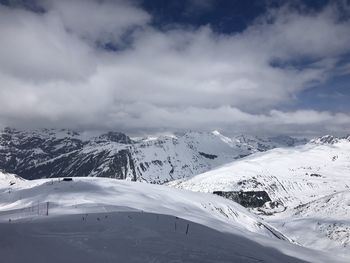 Scenic view of snowcapped mountains against sky