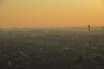 High angle view of townscape against sky during sunset