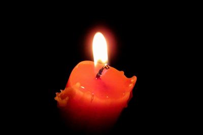 Close-up of burning candle against black background