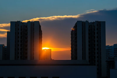 Modern buildings in city against sky during sunset