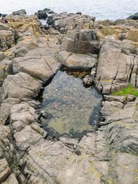 High angle view of rock formations by sea