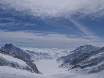 Scenic view of snowcapped mountains against sky