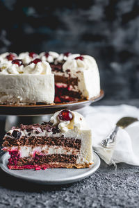 View of cake with ice cream in plate