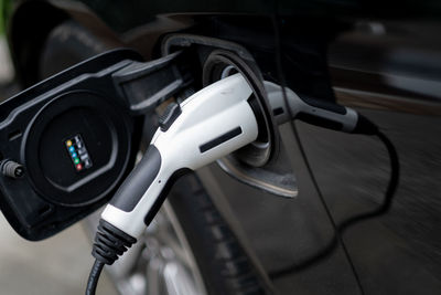 High angle view of car refueling at gas station