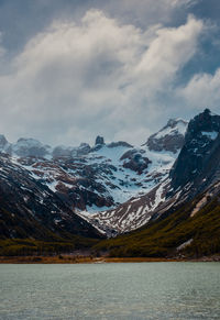 Scenic view of lake by snowcapped mountains against sky