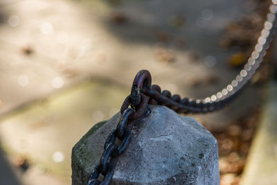 High angle view of chain on bollard