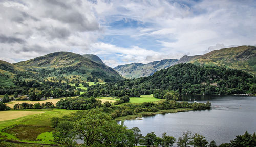 Scenic view of lake and mountains against sky