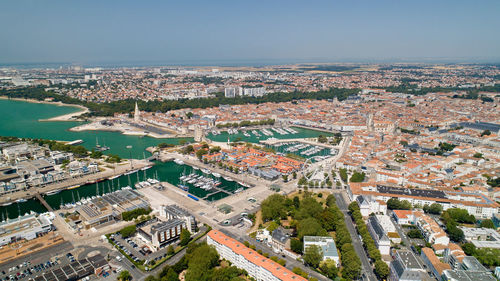 High angle shot of townscape against sky