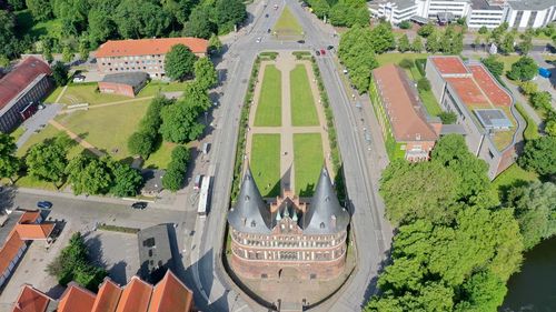 High angle view of buildings in city