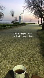 Coffee cup on table by trees against sky