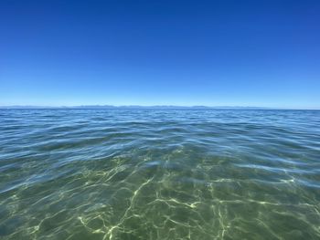 Scenic view of sea against clear blue sky