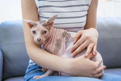 Midsection of woman with cat sitting on sofa